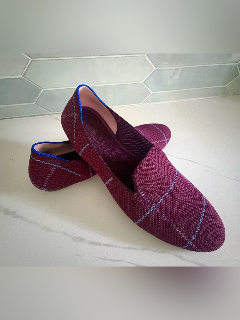 Rothy’s -The Loafer Burgundy Grid Plaid Knit Slip On Flats Shoes Size 7.5